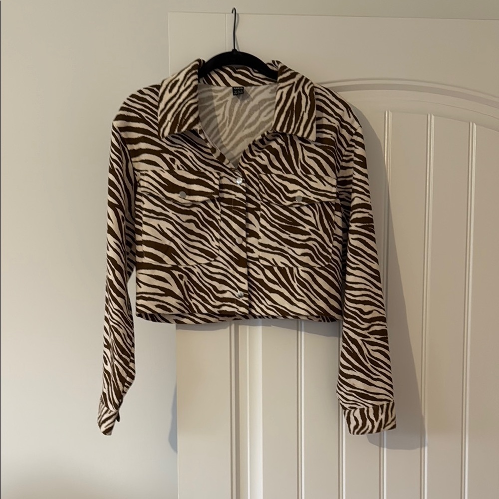 SHEIN Brown and White Zebra Print Button Down Shirt